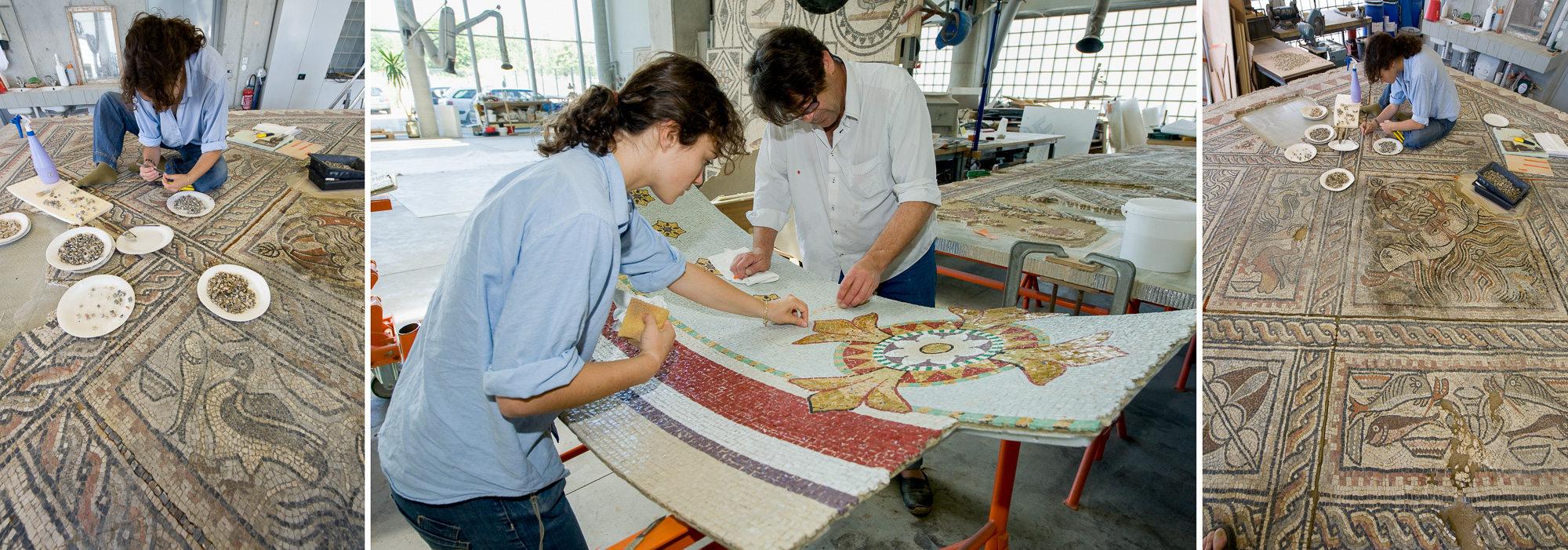 Musée Archéologique, dans l'atelier de restauration. Vestiges découverts à Saint-Romain en Jarez. (Loire).