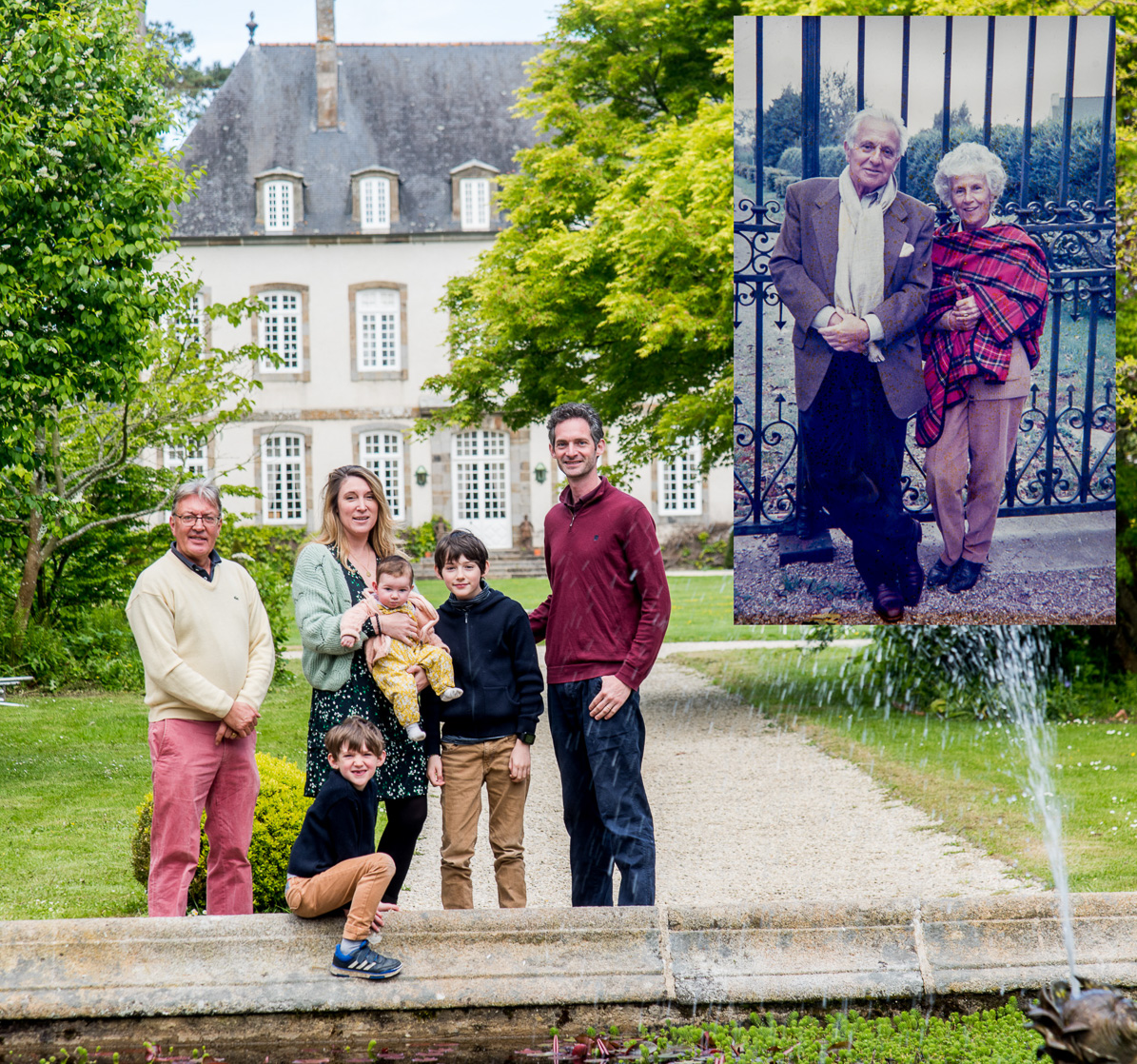 De gauche à droite Eric Lopez, et les enfants et petits enfants de Marie Caujoo, la relève de la Ville Bague. En médaillon Jacques et Madeleine Chauveau